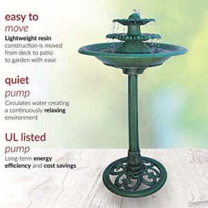 Alpine Corporation 35" Tall Outdoor 3-Tiered Pedestal Water Fountain and Birdbath, Green