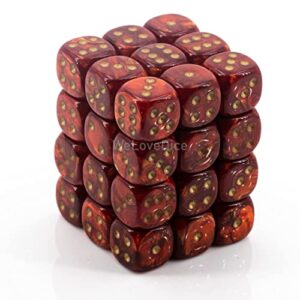 chessex dice d6 sets: scarab scarlet with gold - 12mm six sided die (36) block of dice