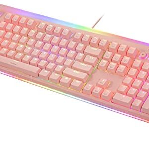 i-rocks K71M RGB Mechanical Gaming Keyboard with Media Control Knob, Gateron Switches (Brown), 104 Keys w/Full NKRO, PBT Keycaps, Multimedia Hotkeys, Detachable USB-C Cable and Onboard Storage, Pink