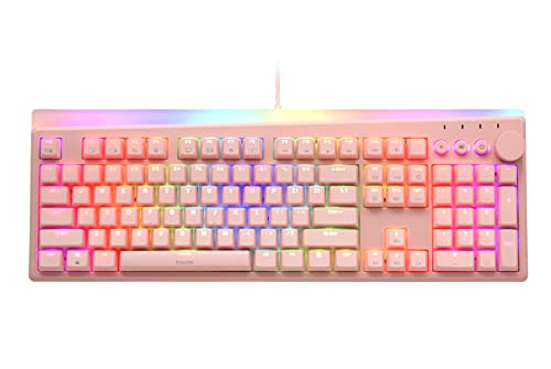 i-rocks K71M RGB Mechanical Gaming Keyboard with Media Control Knob, Gateron Switches (Brown), 104 Keys w/Full NKRO, PBT Keycaps, Multimedia Hotkeys, Detachable USB-C Cable and Onboard Storage, Pink