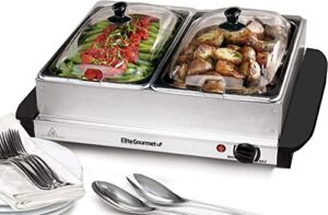elite gourmet ewm-6122 dual 2 x 2.5 qt. trays, buffet server, food warmer temperature control, clear slotted lids, perfect for parties, entertaining & holidays, 5 qt total, stainless steel