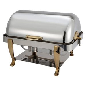 winco 108a heavy-duty stainless steel chafer with gold accents, 8 quart (full size), silver