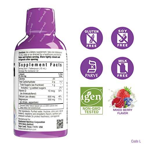 Bluebonnet Nutrition Liquid Calcium Citrate Calcium Citrate, Magnesium Citrate, Vitamin D3, Bone Health, Gluten Free, Soy Free, Milk Free, Kosher, 16 fl oz, 32 Servings, Mixed Berry Flavor