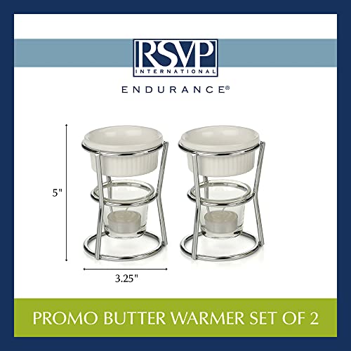 RSVP International Kitchen Collection Butter Warmer Set, Includes Stoneware Cups, Glass Tealight Holder, Candles and 5-Inch Tall Chrome Wire Frames, 1/3-Cup Capacity, White