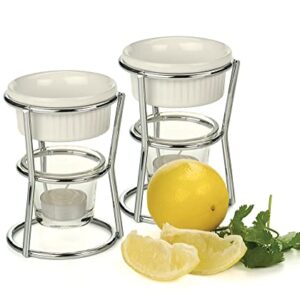 RSVP International Kitchen Collection Butter Warmer Set, Includes Stoneware Cups, Glass Tealight Holder, Candles and 5-Inch Tall Chrome Wire Frames, 1/3-Cup Capacity, White