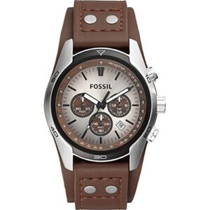 fossil men's coachman quartz stainless steel and leather chronograph watch, color: silver, brown (model: ch2565)