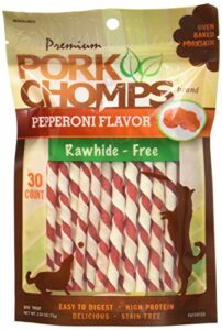 pork chomps baked pork skin dog chews, 5-inch mini twists, pepperoni flavor wrap, 30 count