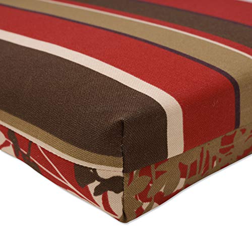 Pillow Perfect Reversible Floral Stripe Indoor/Outdoor Solid Back 1 Piece Square Corner Chair Cushion with Ties, Deep Seat, Weather, and Fade Resistant, 36.5" x 18", Brown/Red Monserrat, 1 Count