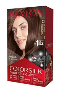 permanent hair color by revlon, permanent hair dye, colorsilk with 100% gray coverage, ammonia-free, keratin and amino acids, 33 dark soft brown, 4.4 oz (pack of 1)