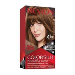 revlon colorsilk beautiful color, permanent hair dye with keratin, 100% gray coverage, ammonia free, 43 medium golden brown