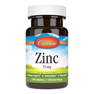 carlson - zinc, 15 mg, zinc supplement, zinc gluconate, immune support & skin health, zinc tablets, antioxidant, zinc capsules, 100 tablets