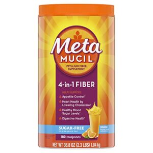 metamucil, daily psyllium husk powder supplement, sugar-free powder, 4-in-1 fiber for digestive health, orange flavored drink, 180 teaspoons