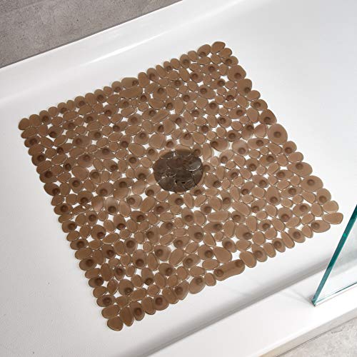 iDesign Plastic Suction Cup Non-Slip Bath Mat, The Pebblz Collection - 22” x 22”, Amber Brown