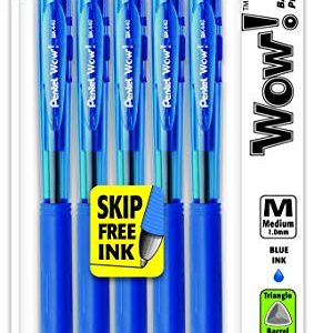 Pentel WOW! Retractable Ballpoint Pens, Medium Line, Blue Ink, 5 Pack (BK440BP5C)