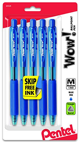 Pentel WOW! Retractable Ballpoint Pens, Medium Line, Blue Ink, 5 Pack (BK440BP5C)