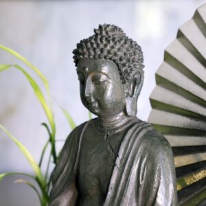 alpine corporation 19" tall indoor/outdoor tabletop meditating buddha with lotus flower fountain with led light,beige
