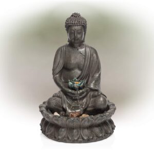 Alpine Corporation 19" Tall Indoor/Outdoor Tabletop Meditating Buddha with Lotus Flower Fountain with LED Light,Beige