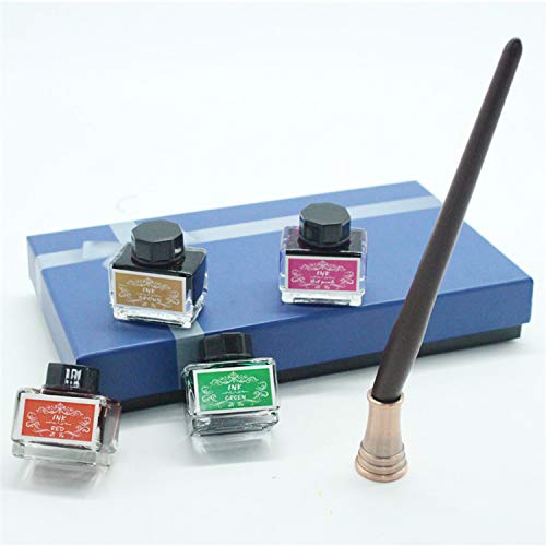 Satin Calligraphy Pen Set – Includes Wooden Dip Pen, Antique Brass Holder, 11 Nibs, 4 Ink Bottles