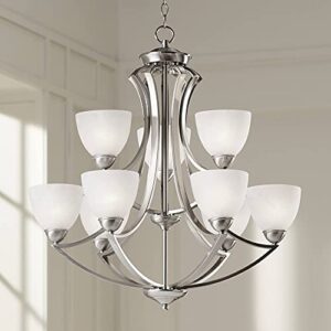 possini euro design milbury satin nickel chandelier 30" wide modern white alabaster glass 2 tier 9-light fixture for dining room house foyer entryway kitchen bedroom living room high ceilings