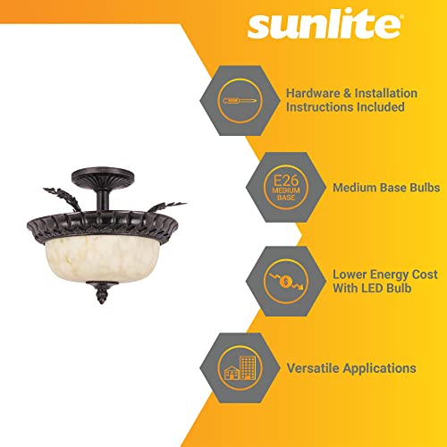 Sunlite 46005 15-Inch Traditional Dome Ceiling Light, Classic Ornate Semi Flush Mount, Alabaster Glass Shade, 3 Sockets (Bulbs Not Included), for Bedrooms, Hallways & Bathrooms, Weathered Bronze