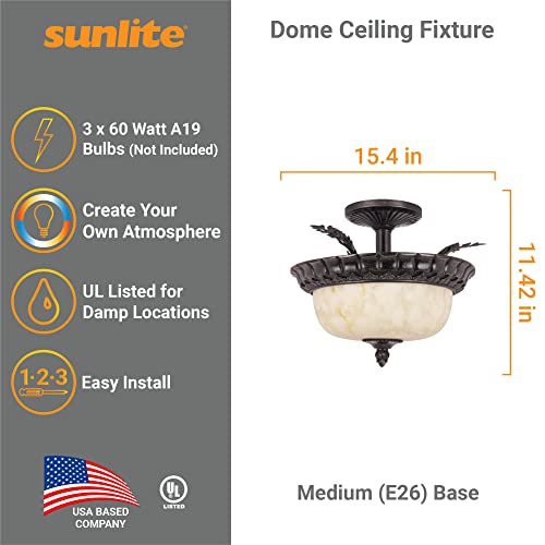 Sunlite 46005 15-Inch Traditional Dome Ceiling Light, Classic Ornate Semi Flush Mount, Alabaster Glass Shade, 3 Sockets (Bulbs Not Included), for Bedrooms, Hallways & Bathrooms, Weathered Bronze