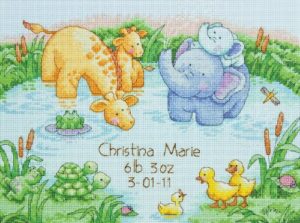 dimensions little pond birth record counted cross stitch kit, gift, 12” x 9”