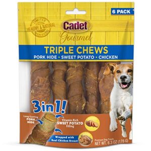 cadet gourmet triple chews pork hide, sweet potato, & chicken dog treats - healthy dog treats for small & large dogs - inspected & tested in usa (6 count)