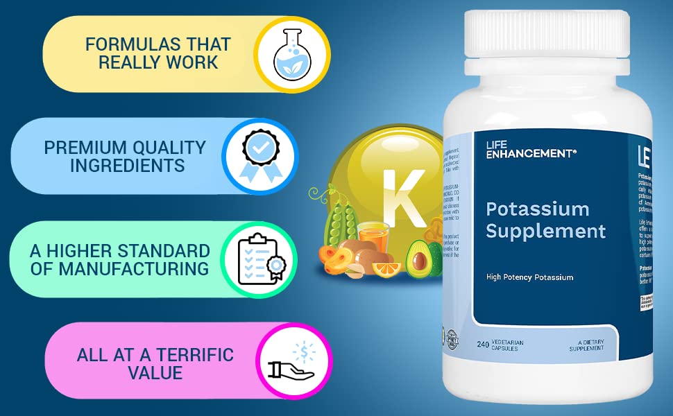 Life Enhancement Potassium Supplement, 1020 mg,120 Servings, 240 caps