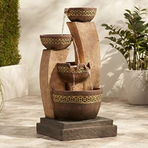 four bowl modern rustic outdoor cascading floor water fountain with led light faux stone 41" for yard garden patio backyard deck home lawn porch house exterior balcony - john timberland