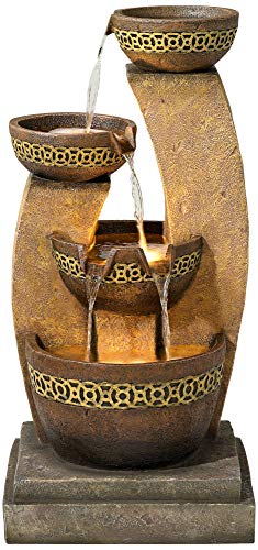 Four Bowl Modern Rustic Outdoor Cascading Floor Water Fountain with LED Light Faux Stone 41" for Yard Garden Patio Backyard Deck Home Lawn Porch House Exterior Balcony - John Timberland