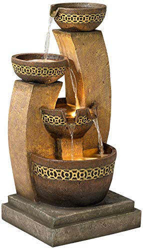 Four Bowl Modern Rustic Outdoor Cascading Floor Water Fountain with LED Light Faux Stone 41" for Yard Garden Patio Backyard Deck Home Lawn Porch House Exterior Balcony - John Timberland