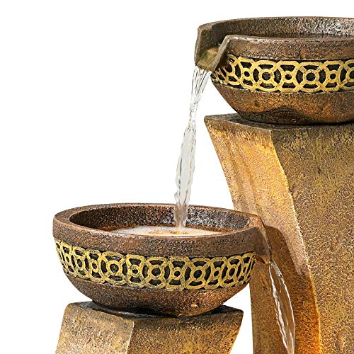 Four Bowl Modern Rustic Outdoor Cascading Floor Water Fountain with LED Light Faux Stone 41" for Yard Garden Patio Backyard Deck Home Lawn Porch House Exterior Balcony - John Timberland