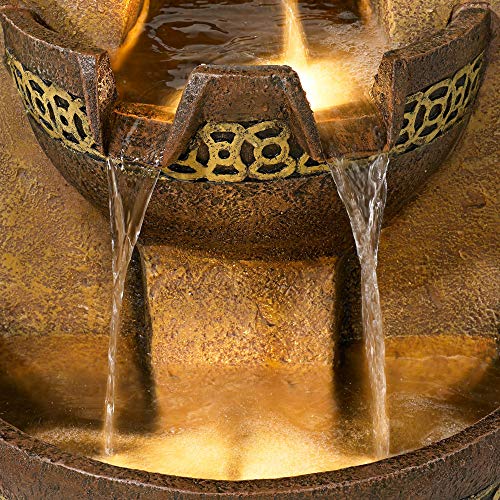 Four Bowl Modern Rustic Outdoor Cascading Floor Water Fountain with LED Light Faux Stone 41" for Yard Garden Patio Backyard Deck Home Lawn Porch House Exterior Balcony - John Timberland