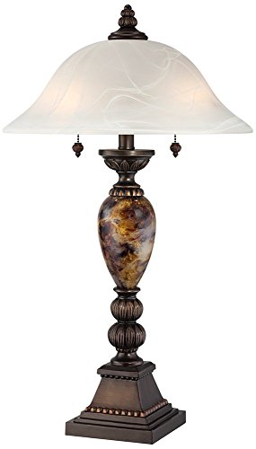 kathy ireland Mulholland Traditional Vintage Table Lamp 27" Tall Aged Bronze Faux Marble White Alabaster Glass Dome Shade for Living Room Bedroom House Bedside Nightstand Home Office Family