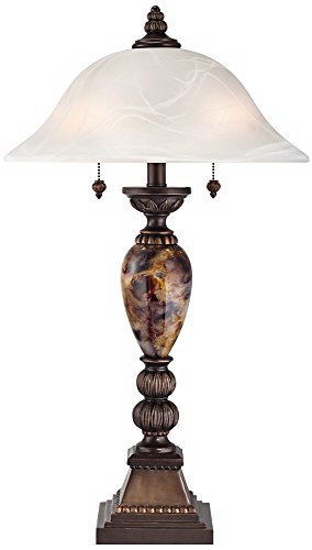 kathy ireland Mulholland Traditional Vintage Table Lamp 27" Tall Aged Bronze Faux Marble White Alabaster Glass Dome Shade for Living Room Bedroom House Bedside Nightstand Home Office Family