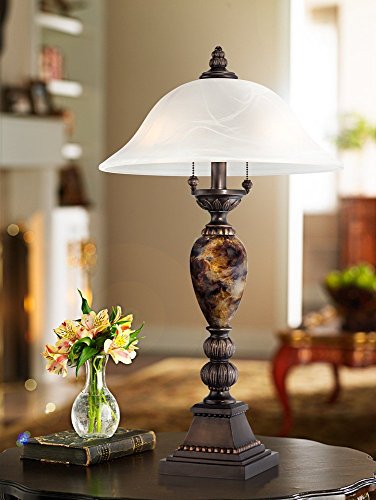 kathy ireland Mulholland Traditional Vintage Table Lamp 27" Tall Aged Bronze Faux Marble White Alabaster Glass Dome Shade for Living Room Bedroom House Bedside Nightstand Home Office Family