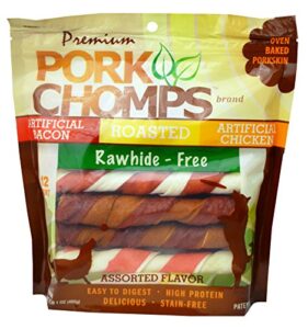 pork chomps baked pork skin dog chews, 6-inch twists, assorted flavors, 12 count