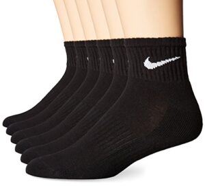 nike unisex performance cushion quarter socks with bag (6 pairs), black/white, medium