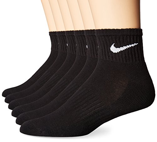 NIKE Unisex Performance Cushion Quarter Socks with Bag (6 Pairs), Black/White, Large