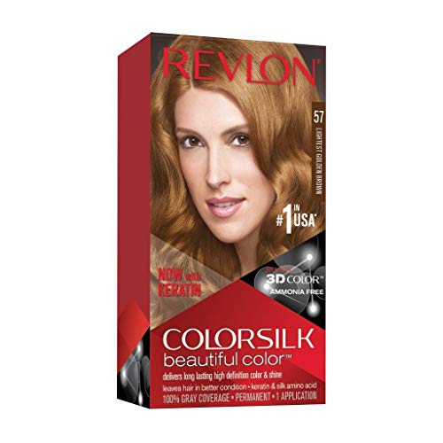 Revlon Permanent Hair Color, Permanent Hair Dye, Colorsilk with 100% Gray Coverage, Ammonia-Free, Keratin and Amino Acids, 57 Lightest Golden Brown, 4.4 Oz (Pack of 1)