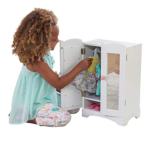 KidKraft Wooden Lil' Doll Armoire with 6 Hangers, Furniture for 18-Inch Dolls - White Gift for Ages 3+