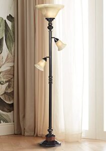 kathy ireland sonnett industrial vintage tree torchiere floor lamp standing 72" tall bronze brown champagne alabaster glass shade for living room reading house bedroom home office