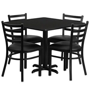 Flash Furniture 36'' Square Black Laminate Table Set with X-Base and 4 Ladder Back Metal Chairs - Black Vinyl Seat