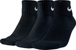 nike sx4703 unisex performance cushion quarter training socks (3 pair), black/white, large