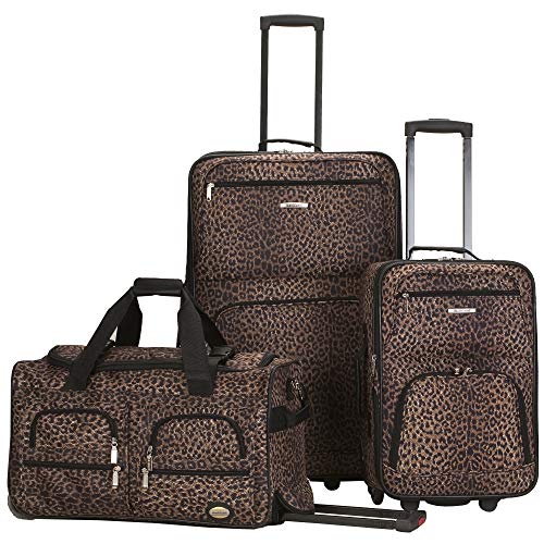 Rockland Vara Softside 3-Piece Upright Luggage Set, Expandable,Lightweight,Telescopic Handle,Wheel, Leopard, (20/22/28)