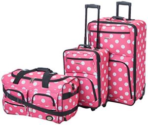 rockland vara softside 3-piece upright luggage set, expandable,lightweight,telescopic handle,wheel, pink dots, 20 inches,22 inches,28 inches