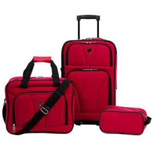 travelers club bowman expandable luggage, red, 3-piece set (dopp/tote/20)