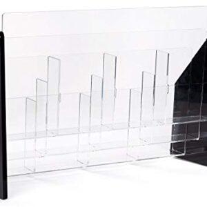 Tiered Leaflet Holder with 12 Pockets for 4x9 Brochures, Clear Plexiglas Brochure Rack for Tabletop Use with Black Acrylic Sides