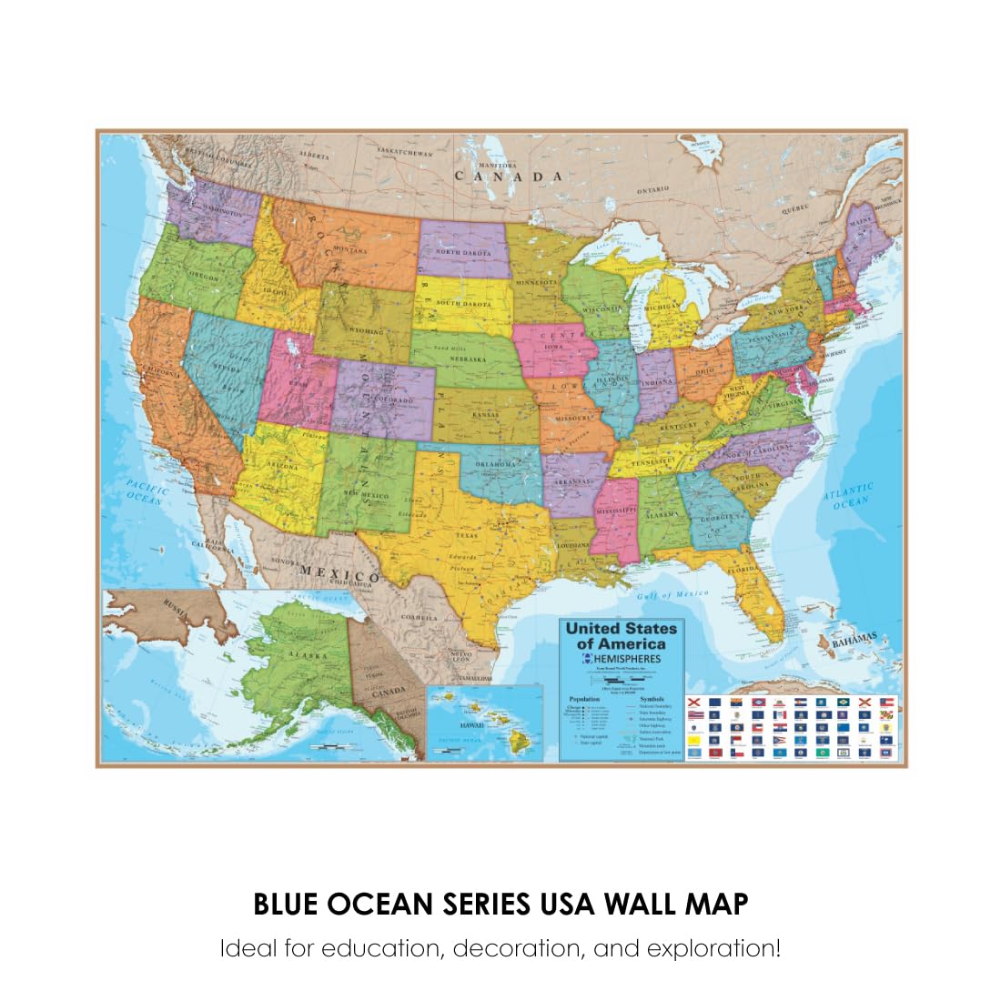 Waypoint Geographic Blue Ocean Series USA Wall Map, Laminated World Map Poster, Educational Wall Art For Home, Classroom, or Office, Unique Gifts, 48” x 38”