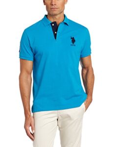 u.s. polo assn. men's slim fit solid polo with contrast striped underside of collar, teal blue, medium